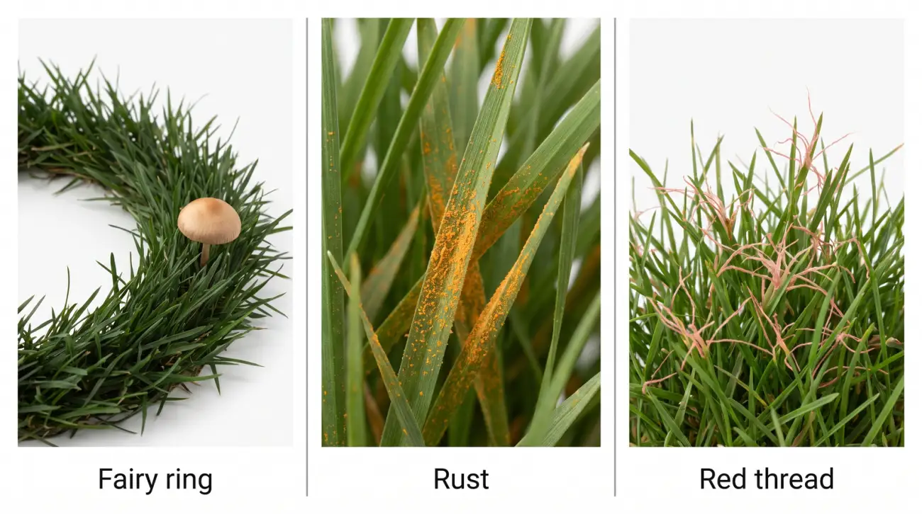 Side-by-side comparison of three Ontario lawn diseases: a dark green fairy ring, orange rust on grass blades, and pink-red thread patches