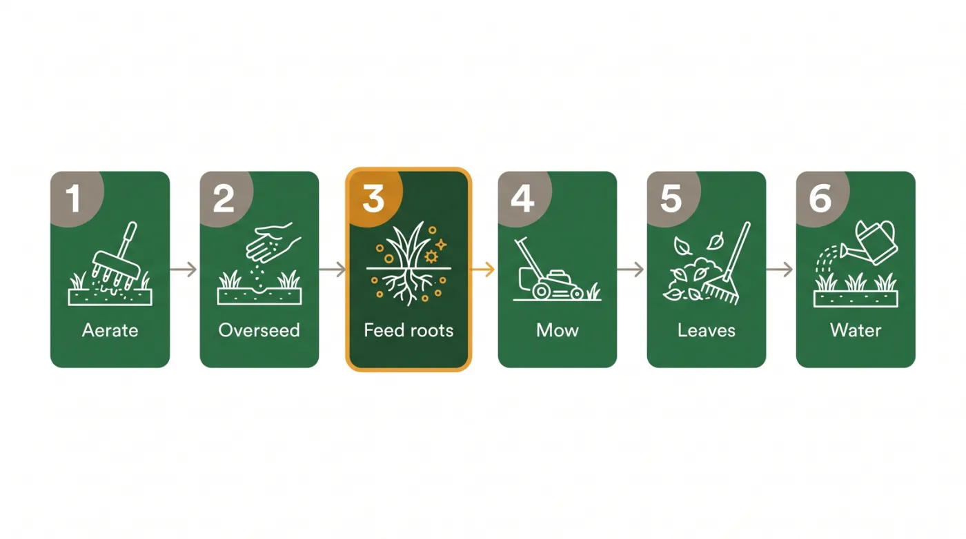 Diagram of the six fall lawn care jobs for Toronto in order: aerate, overseed, fertilize, keep mowing, manage leaves, final watering