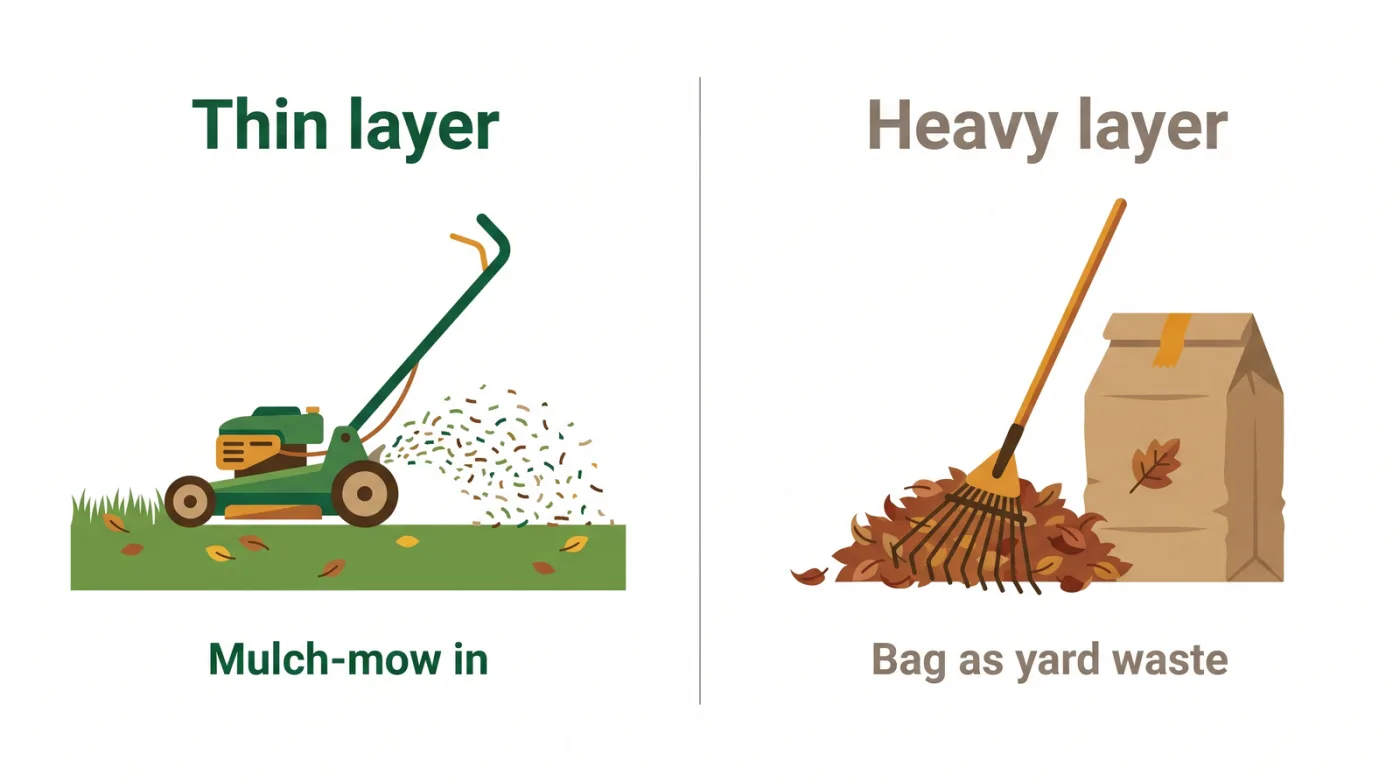 Diagram comparing leaf handling options on a Toronto lawn: mulch-mow a thin layer into the turf versus rake heavy layers into kraft yard-waste bags