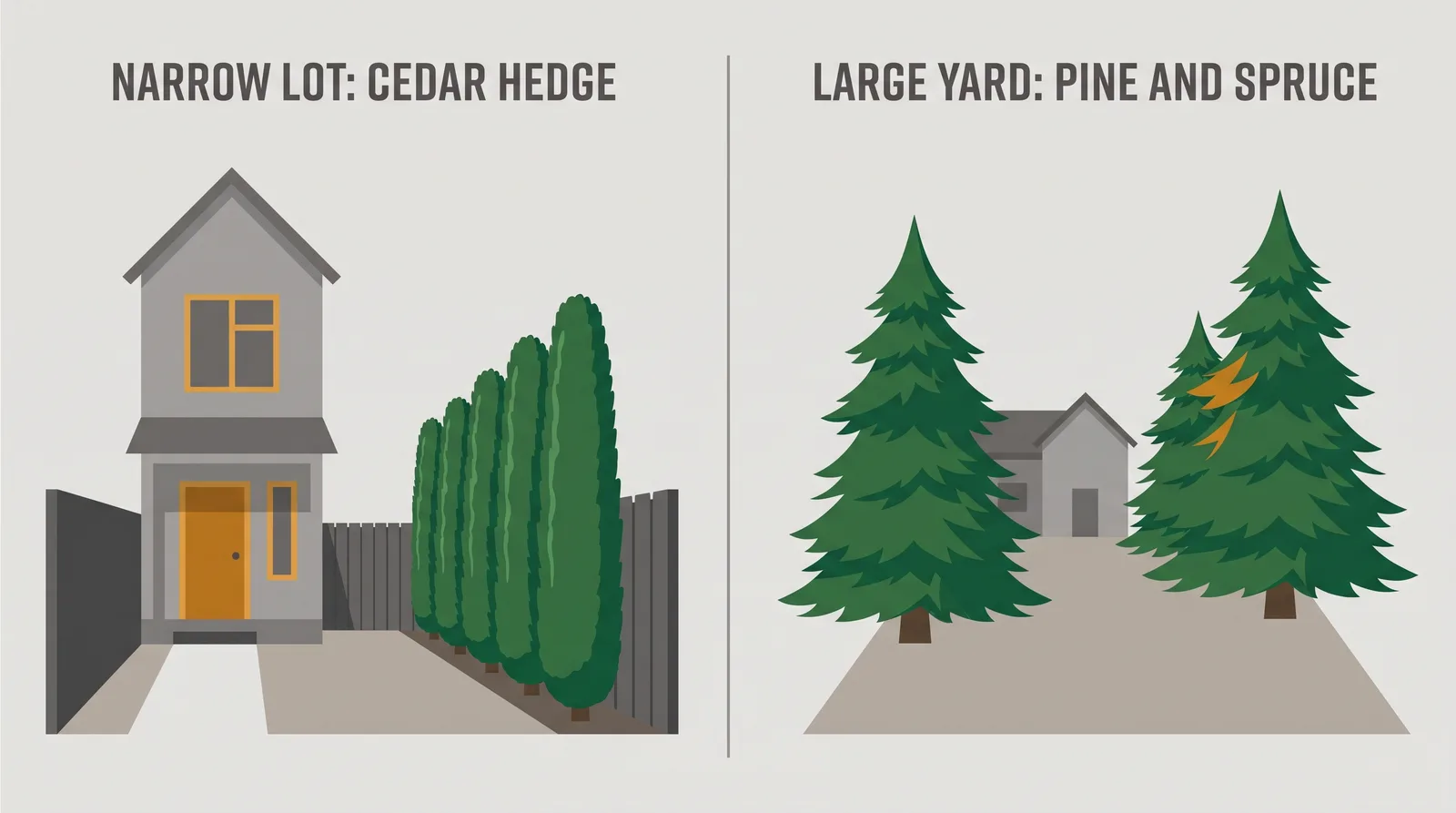Comparison of a narrow emerald cedar hedge along a small Toronto lot fence versus tall eastern white pine and Norway spruce screening a large open property