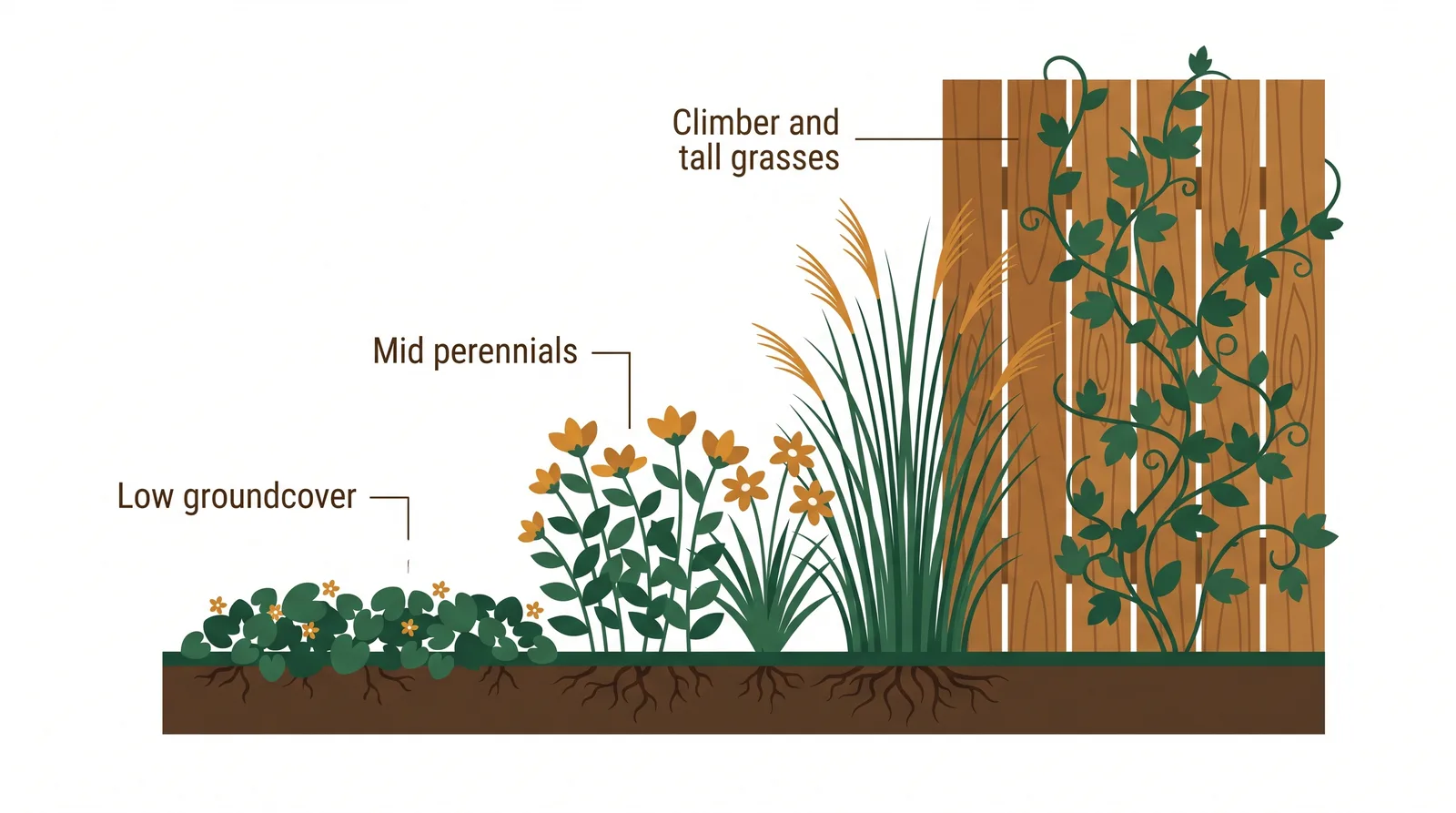 Cross-section diagram of a layered fence-line border with tall climbers and grasses at the back, mid-height perennials in the middle, and low groundcover at the front