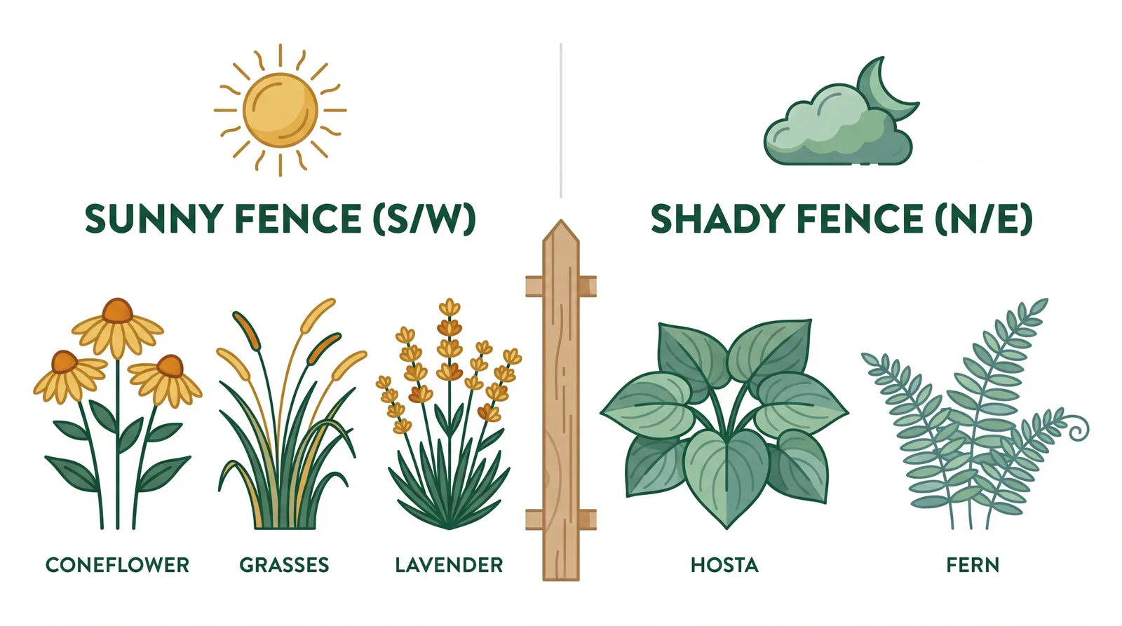 Diagram contrasting plants for a sunny south or west-facing fence with plants for a shady north or east-facing fence