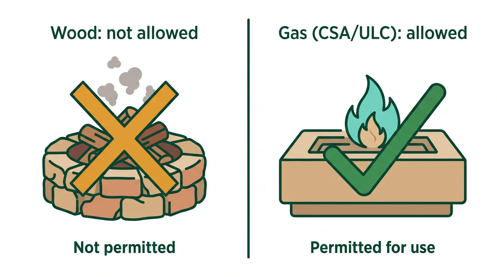 Comparison diagram of a wood-burning fire pit marked not allowed in Toronto versus a CSA and ULC approved gas fire pit marked allowed