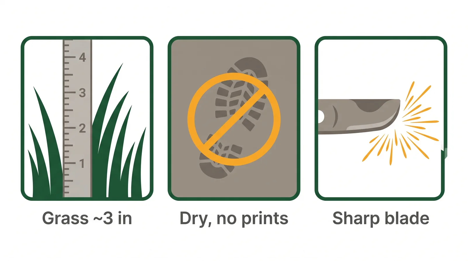 Diagram of a spring lawn readiness check showing grass at 3 inches, dry firm soil with no footprints, and a sharpened mower blade before the first cut