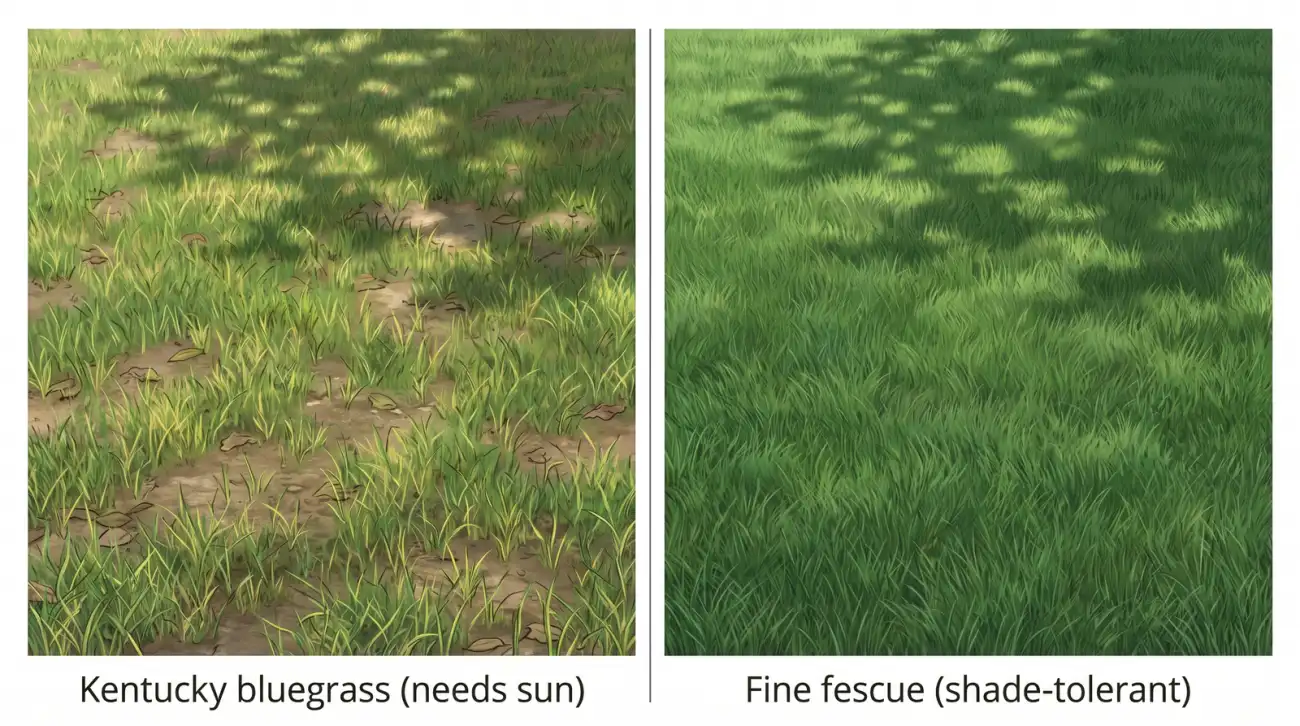 Comparison of Kentucky bluegrass struggling in shade versus fine fescue tolerating shade under a tree canopy