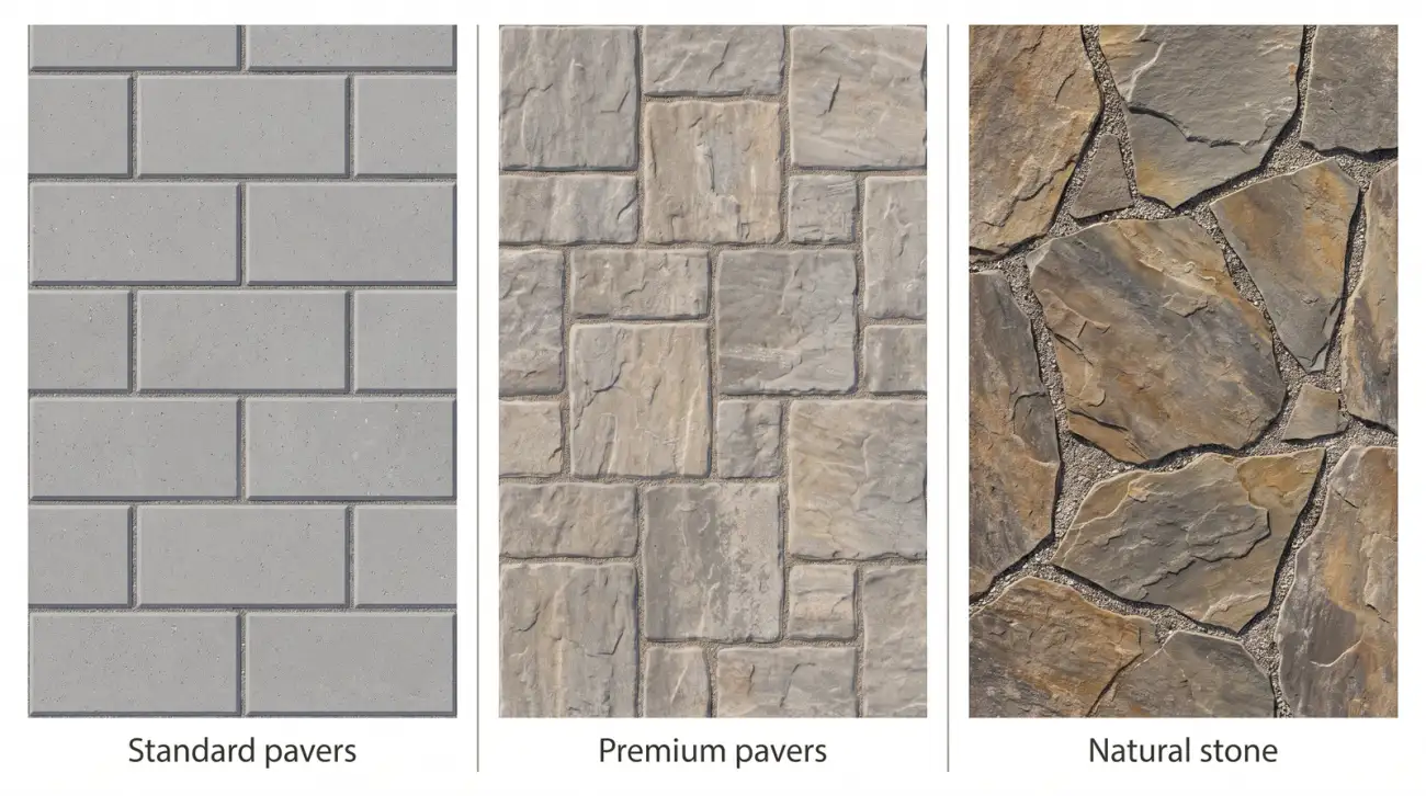 Comparison of three front walkway materials: standard concrete pavers, premium textured pavers, and natural stone flagstone