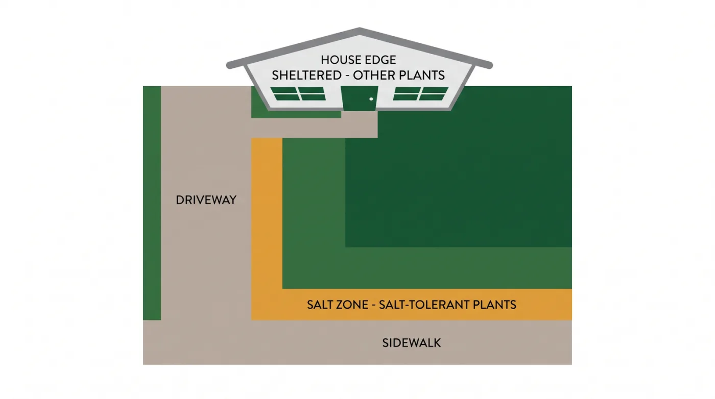 Diagram of an Ontario front yard zoned by salt exposure, showing salt-tolerant plants along the driveway and sidewalk and less-tolerant plants set back near the house