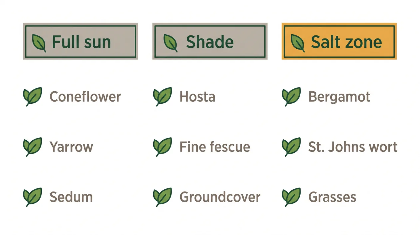 Plant palette diagram for an Ontario front yard grouped by condition: full sun, shade, and salt zone, listing suitable native and adapted plants for each