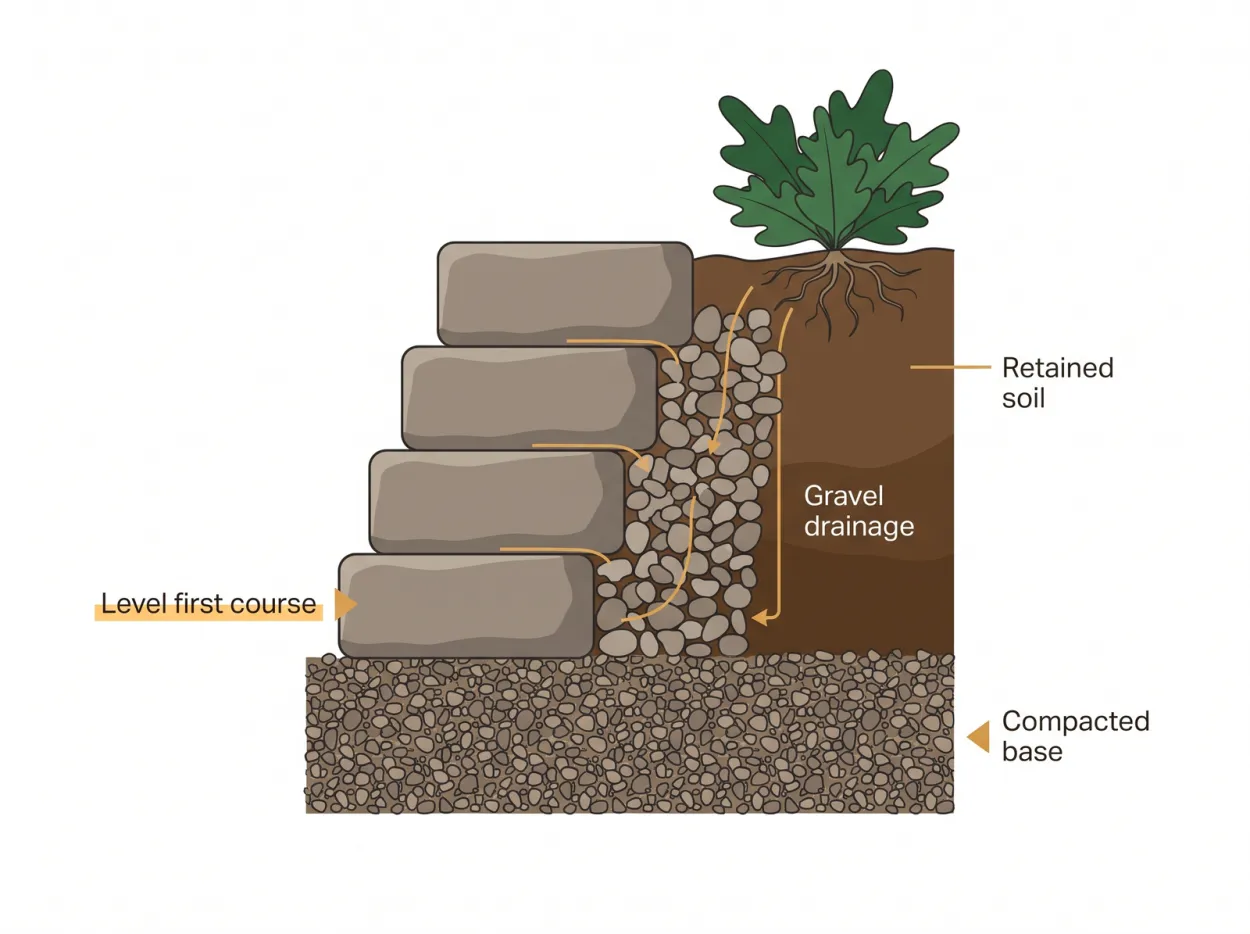 Cross-section diagram of a small segmental block garden wall showing a compacted gravel base, level first course, gravel drainage backfill behind the blocks, and soil retained above