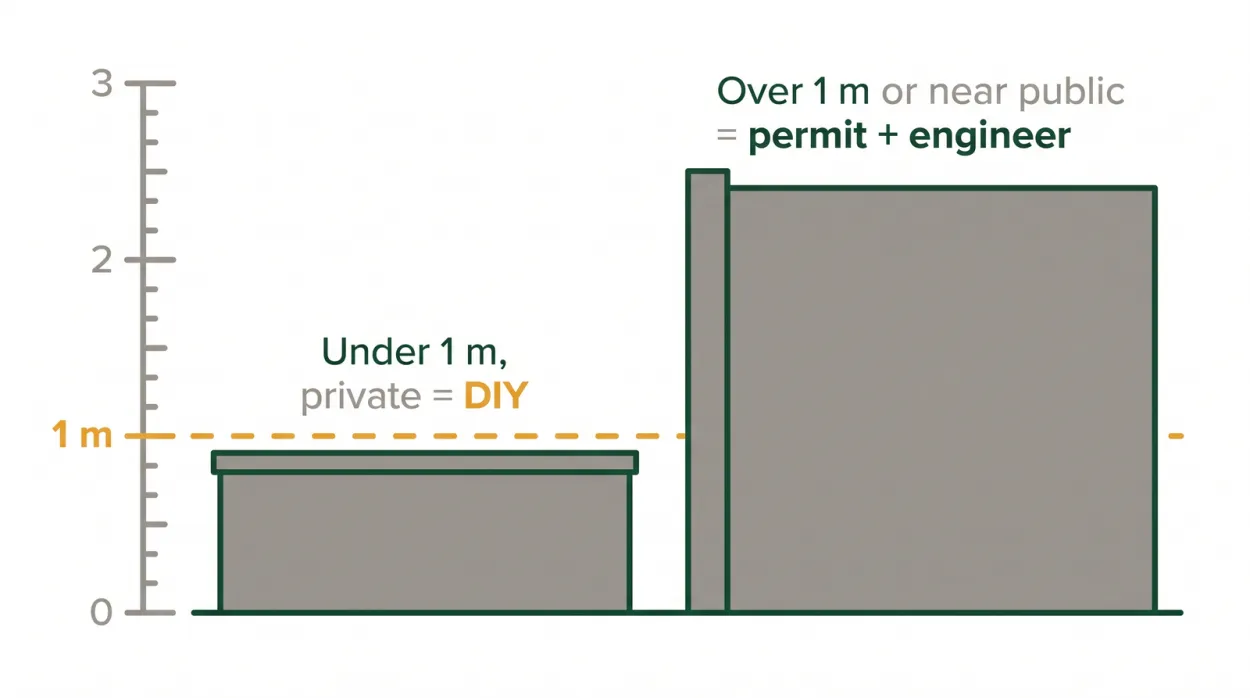 Diagram showing a height guide for retaining walls: under 1 metre on private land is DIY, over 1 metre or near public property needs a permit and engineer