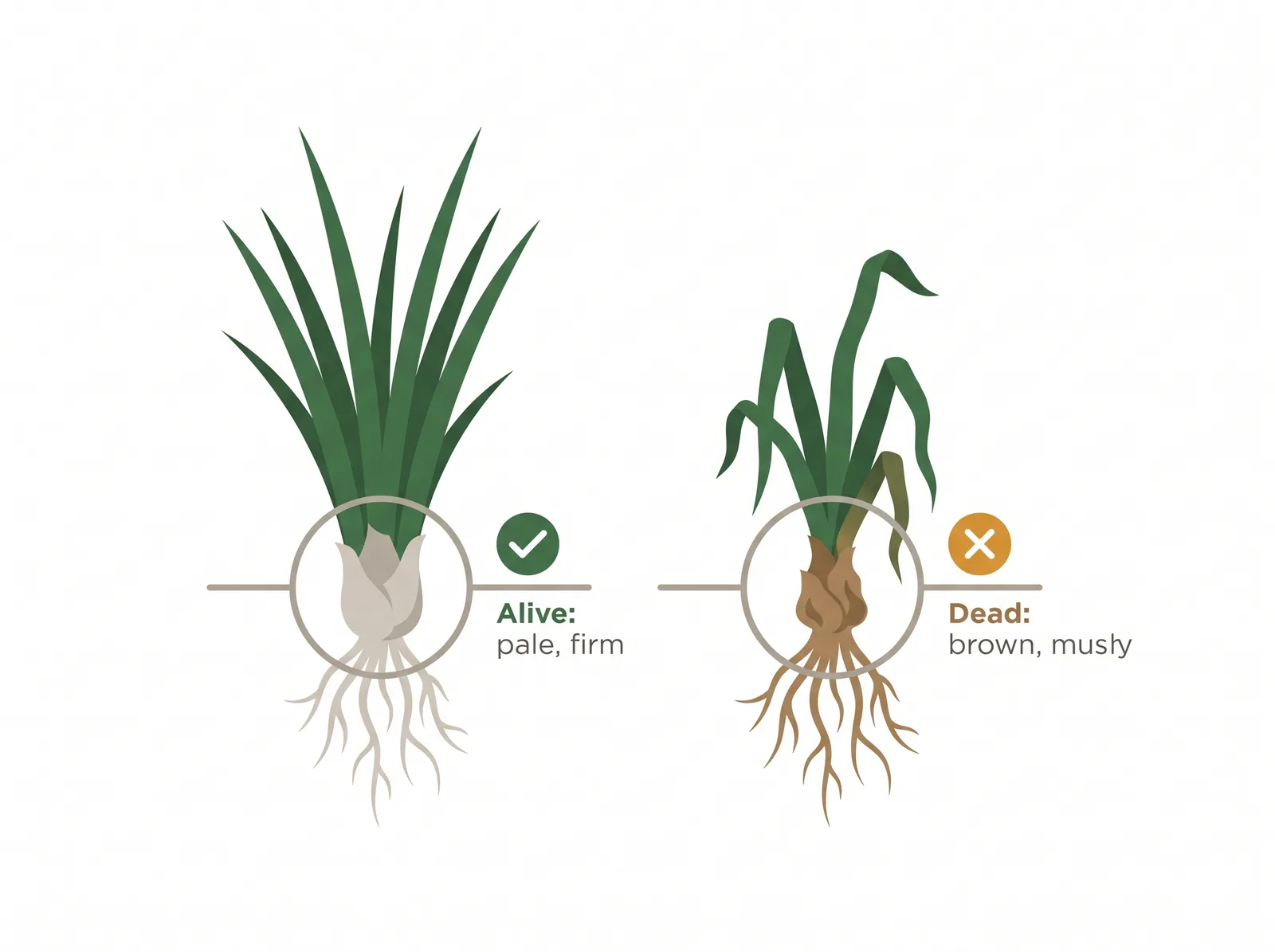 Diagram of a grass plant crown check showing a firm pale crown means alive and a brown mushy crown means dead