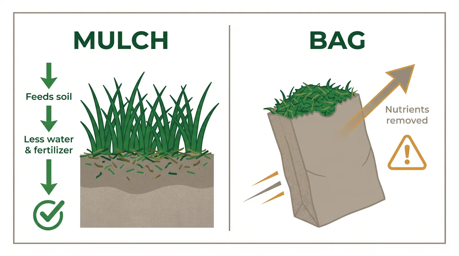 Comparison diagram of mulching clippings which feeds the soil and cuts fertilizer versus bagging clippings which removes nutrients and adds effort