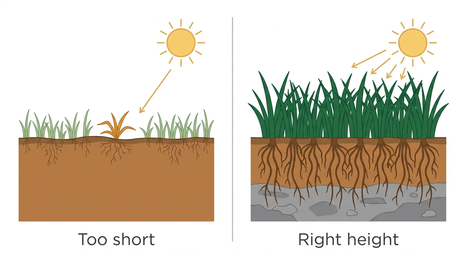 Comparison diagram of grass cut too short with exposed soil, shallow roots and crabgrass versus grass at proper height with shaded soil and deep roots