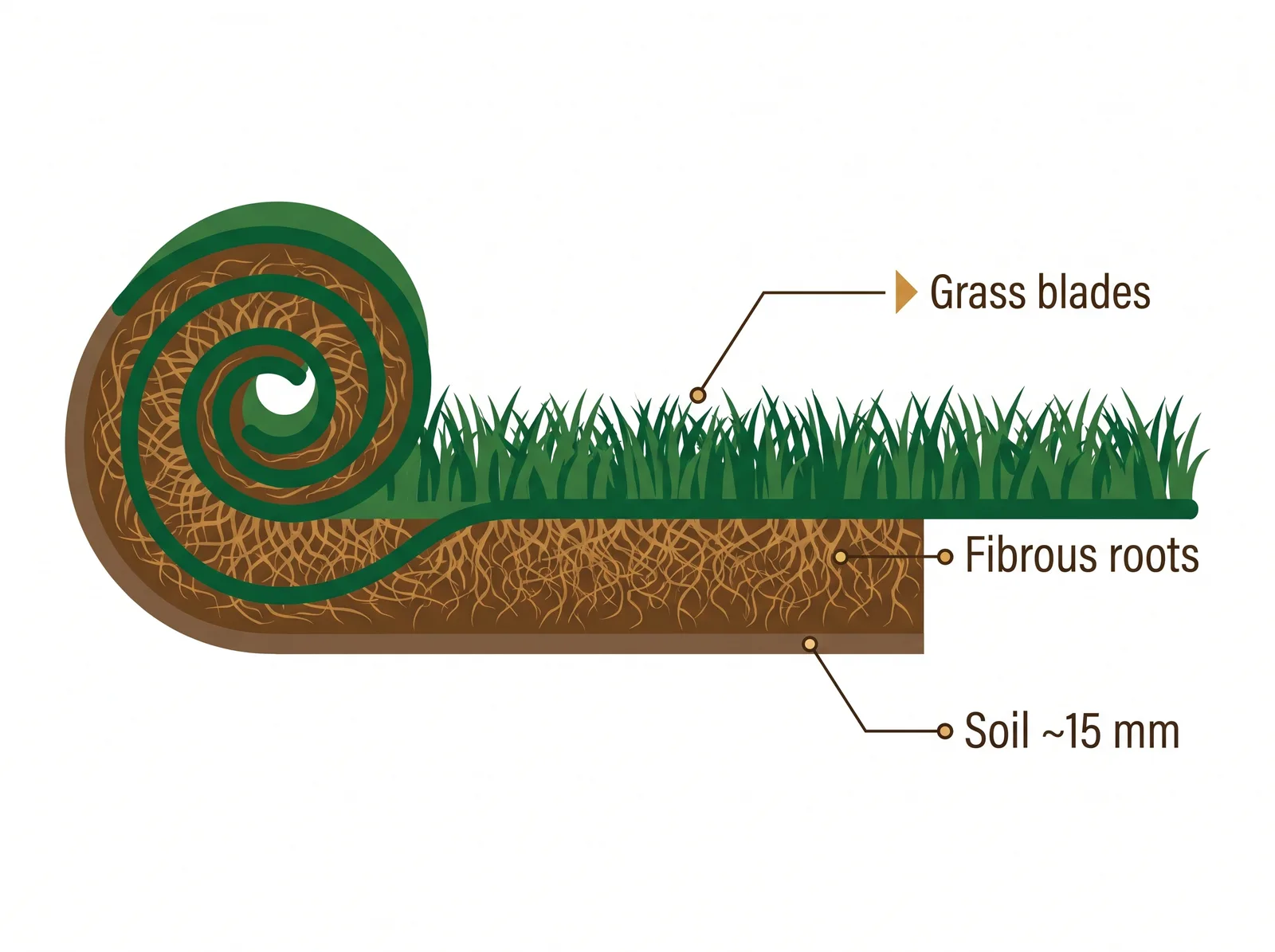 Cross-section diagram of a harvested sod roll showing grass blades, a strong fibrous root layer, and a thin 15 mm soil layer cut by the harvester