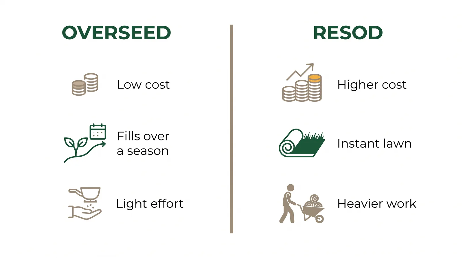 Comparison chart of overseeding versus resodding a Toronto lawn across cost, speed, effort, and best use case