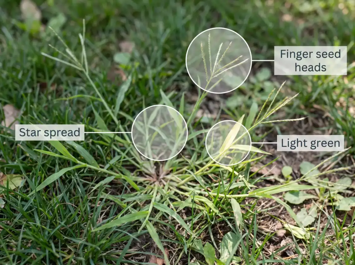 Annotated photo identifying crabgrass by its low star-shaped spread from a central point, light-green colour, and finger-like seed heads