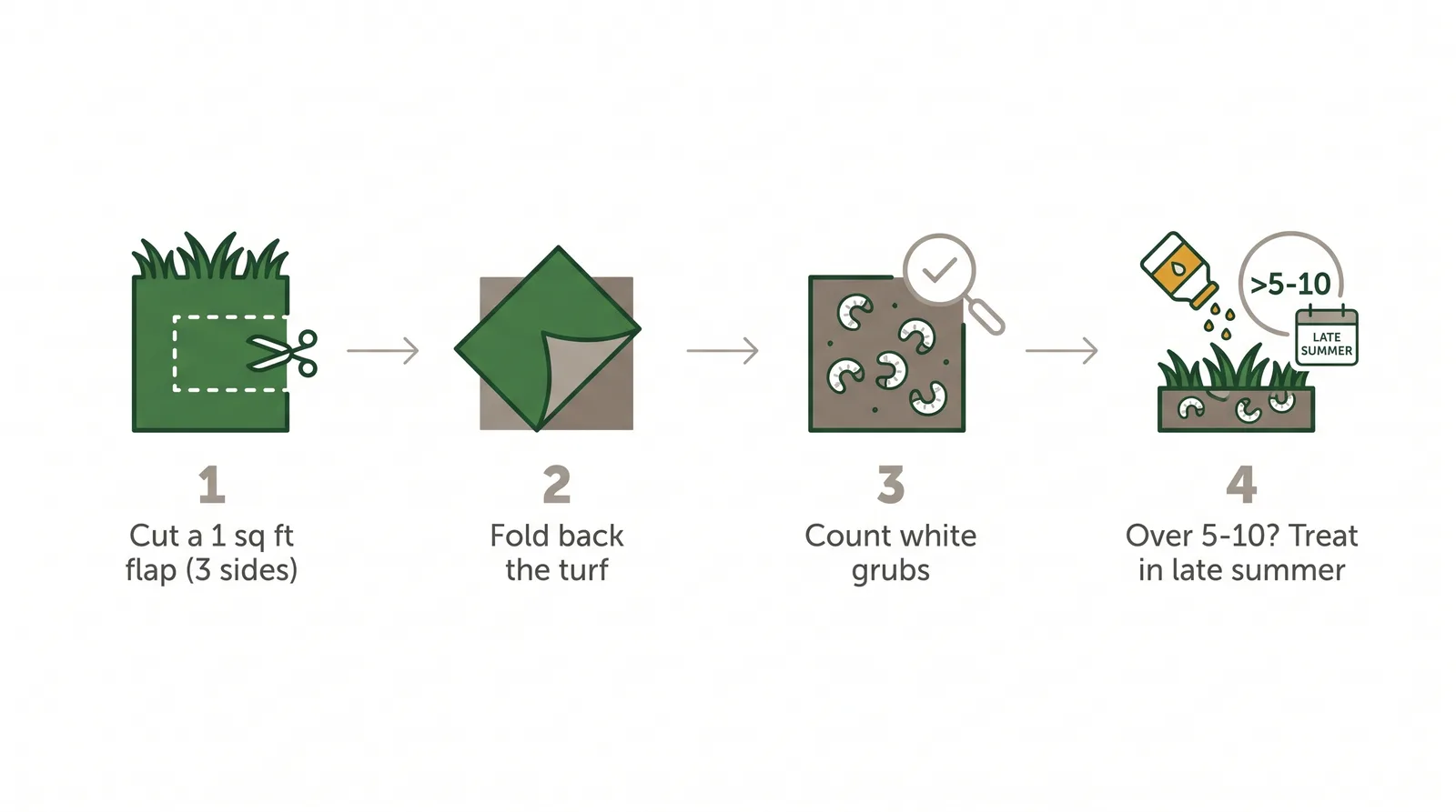 Diagram of the four-step grub check: cut a one square foot flap on three sides, fold it back, count the white grubs, and treat if more than five to ten per square foot