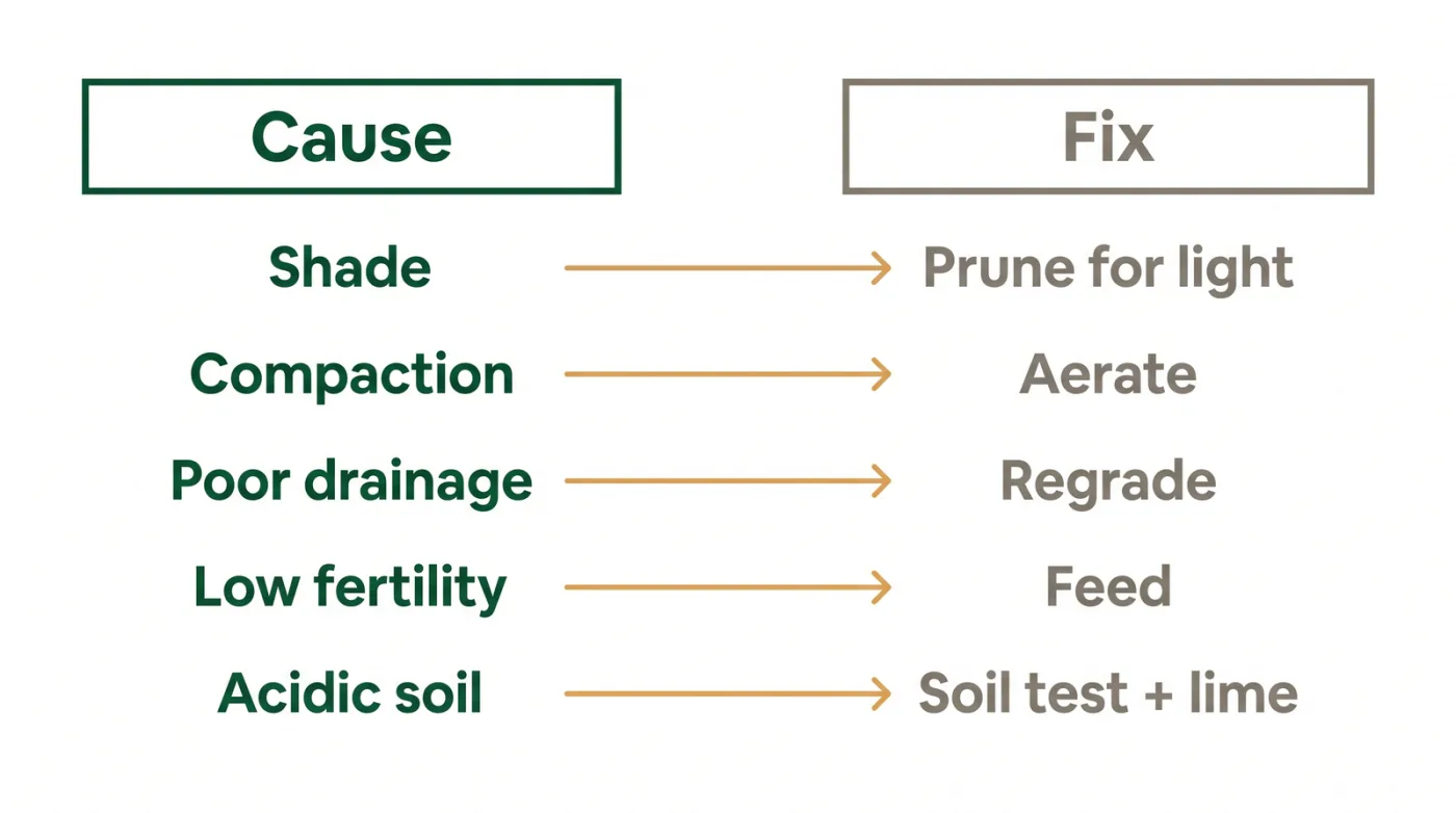 Diagram matching each cause of lawn moss to its fix: shade to pruning, compaction to aeration, poor drainage to grading, low fertility to feeding, acidic soil to a soil test