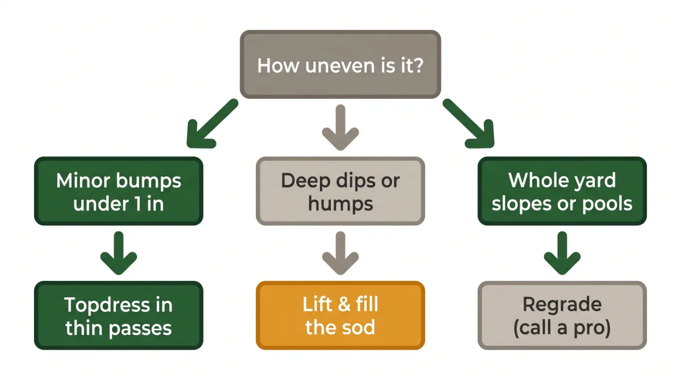 Decision diagram for leveling a lawn by severity: minor bumps under an inch use topdressing, deep dips or humps use lift and fill sod, whole-yard slope or pooling needs regrading