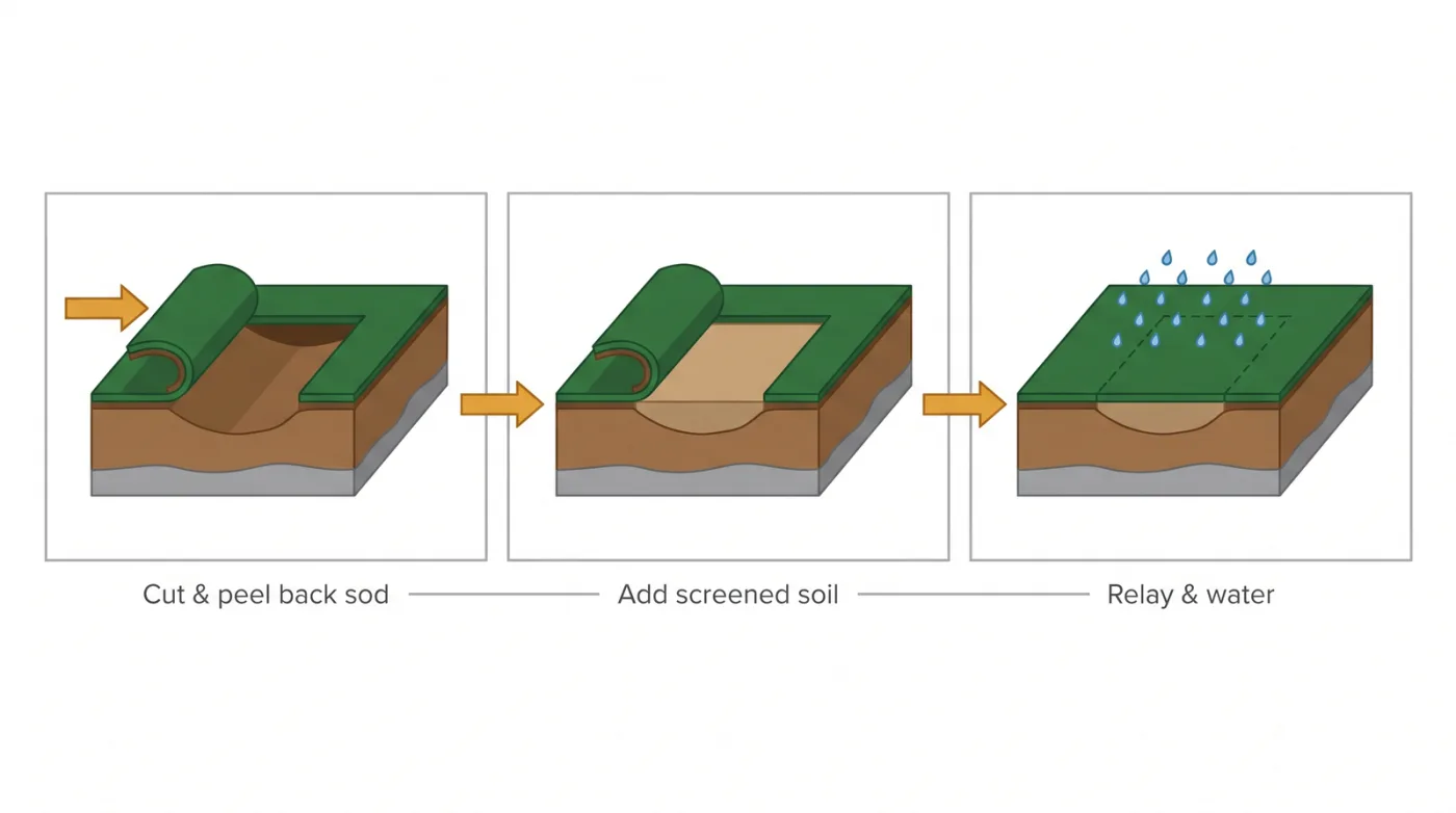 Cross-section diagram of fixing a deep low spot: cut and peel back the sod, add screened soil underneath, replace the sod, and water