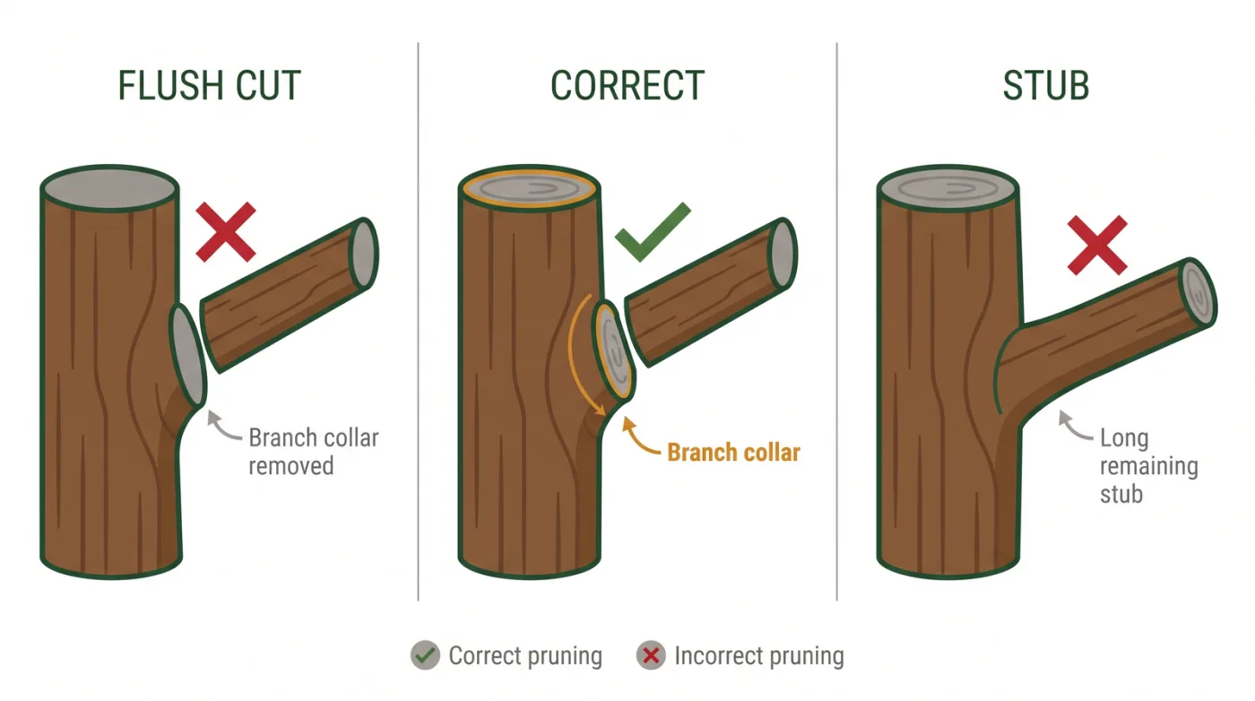 Diagram of a pruning cut showing the correct cut just outside the branch collar, versus a flush cut that removes the collar and a stub cut left too long