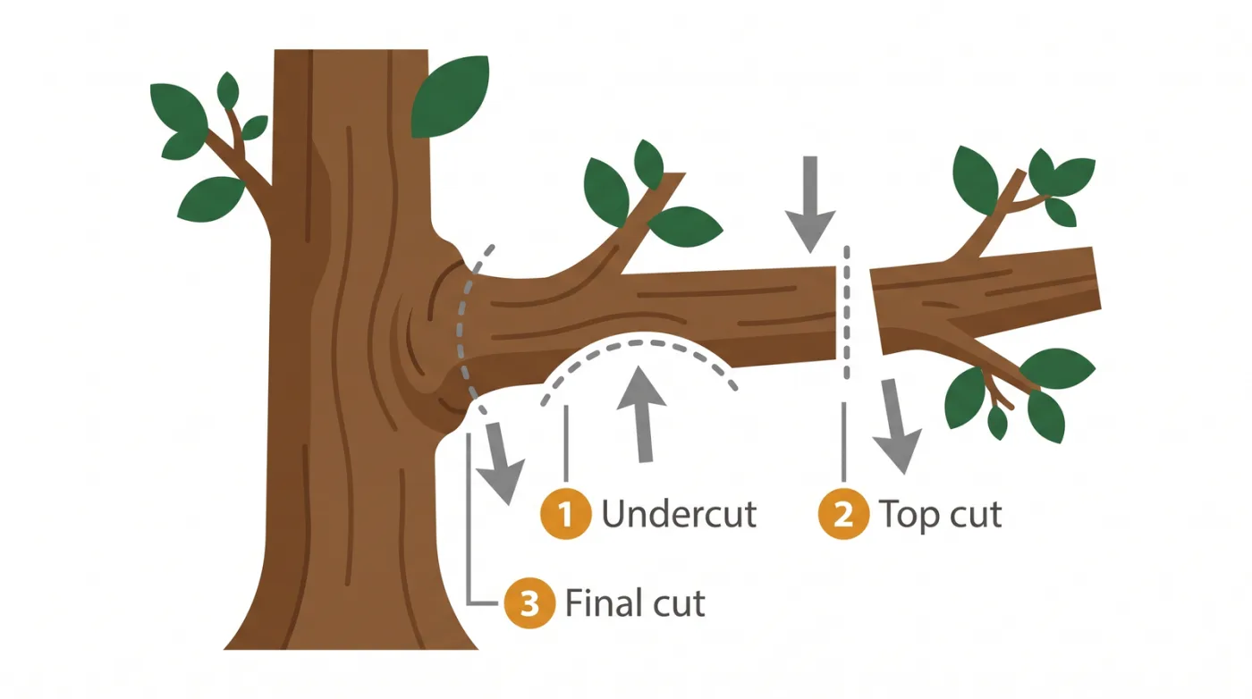 Three-cut pruning method diagram: an undercut partway through the branch, a top cut farther out to drop the limb, and a final cut removing the stub at the branch collar