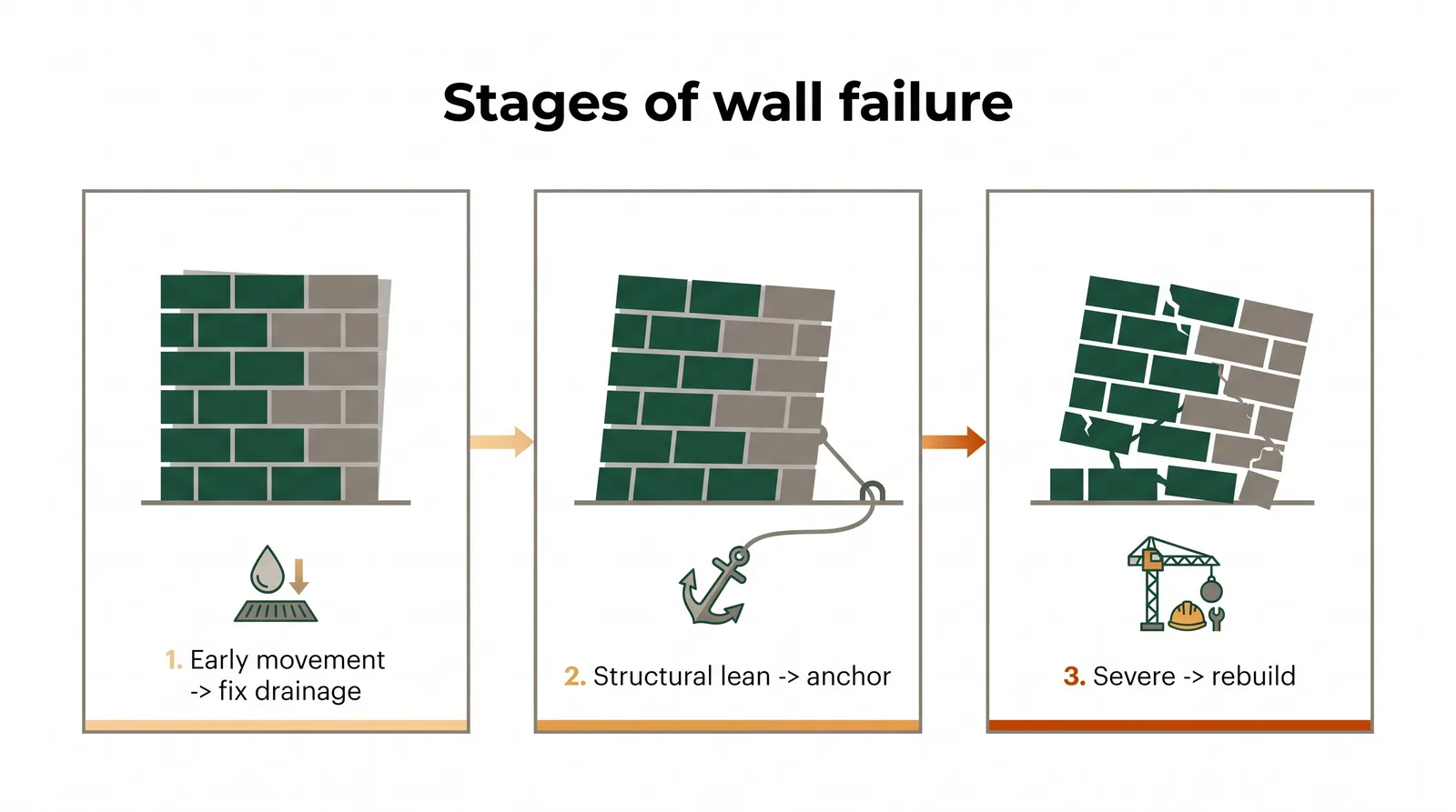 Diagram of three stages of retaining wall failure: early movement, structural lean or bulge, and severe displacement, with the matching fix for each