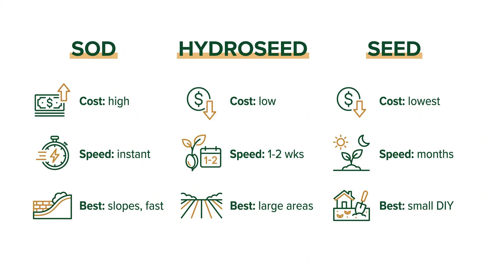 Three-way comparison of sod, hydroseeding, and seed across cost, speed to a usable lawn, and best use case