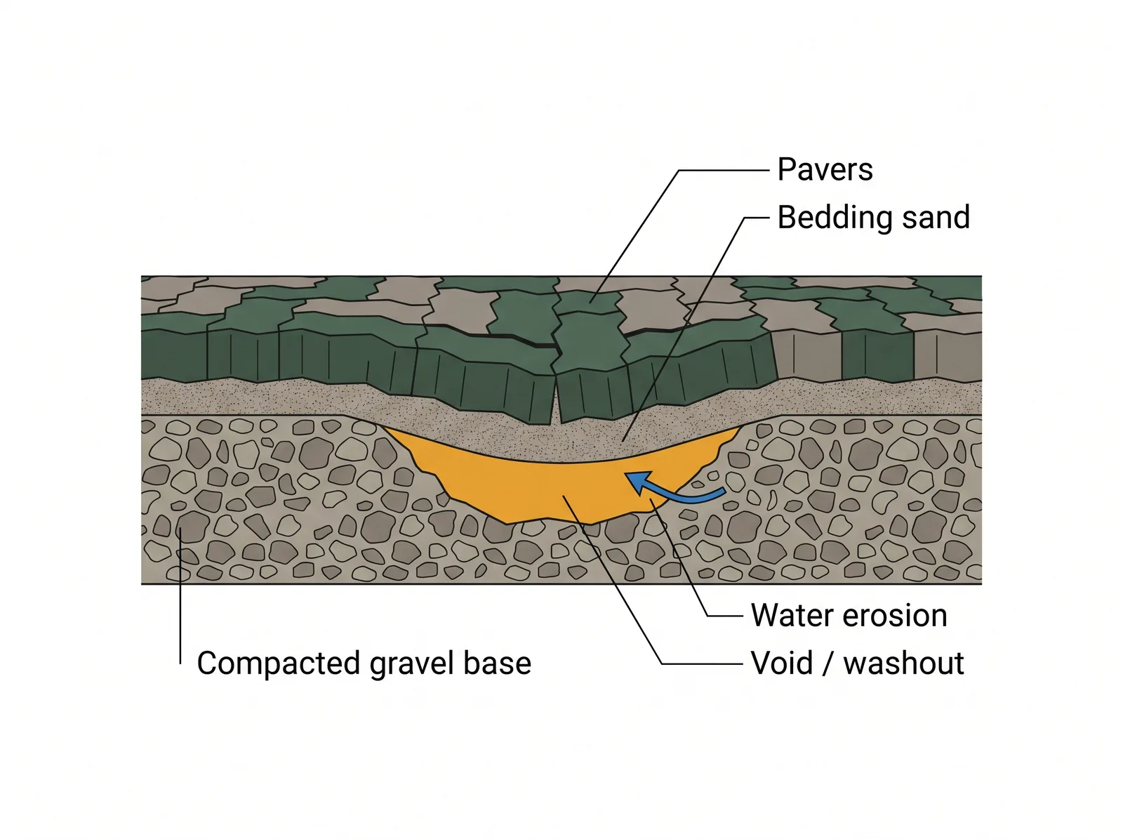 Cross-section diagram showing why interlocking pavers sink: eroded or settled gravel base leaving a void beneath the bedding sand and pavers
