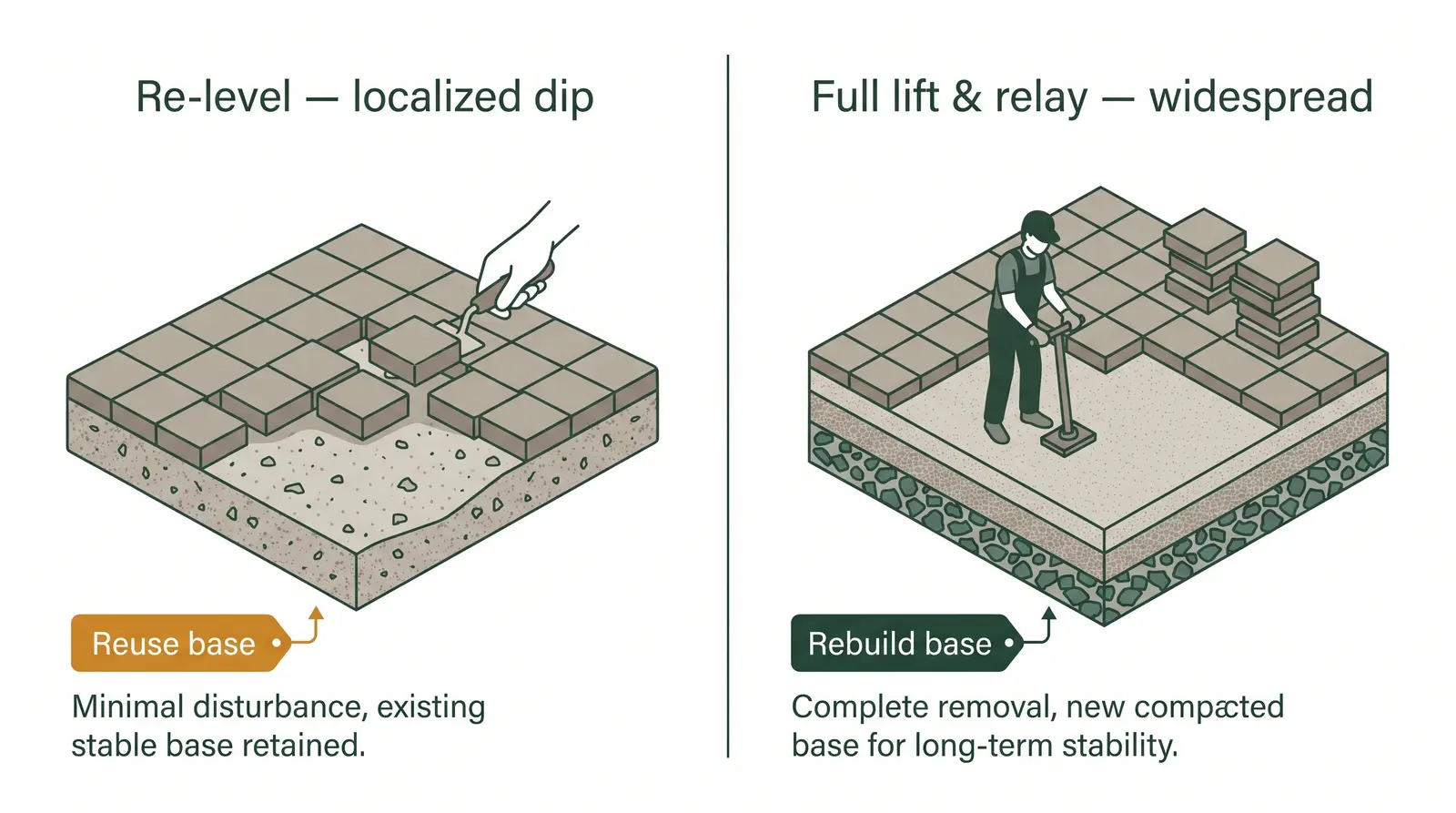 Decision diagram comparing re-levelling a small sunken area versus a full lift and relay that rebuilds the base across widespread failure