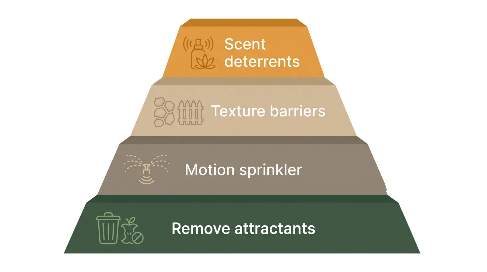 Diagram of four humane deterrent layers for a yard: remove attractants, motion sprinkler, texture barriers, and scent deterrents