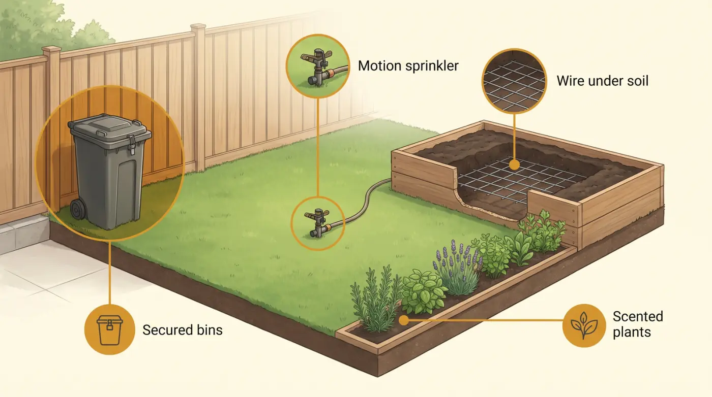 Annotated illustration of a Toronto backyard showing humane deterrents: secured garbage bin, pet food indoors, motion sprinkler, chicken wire in beds, and scented border plants