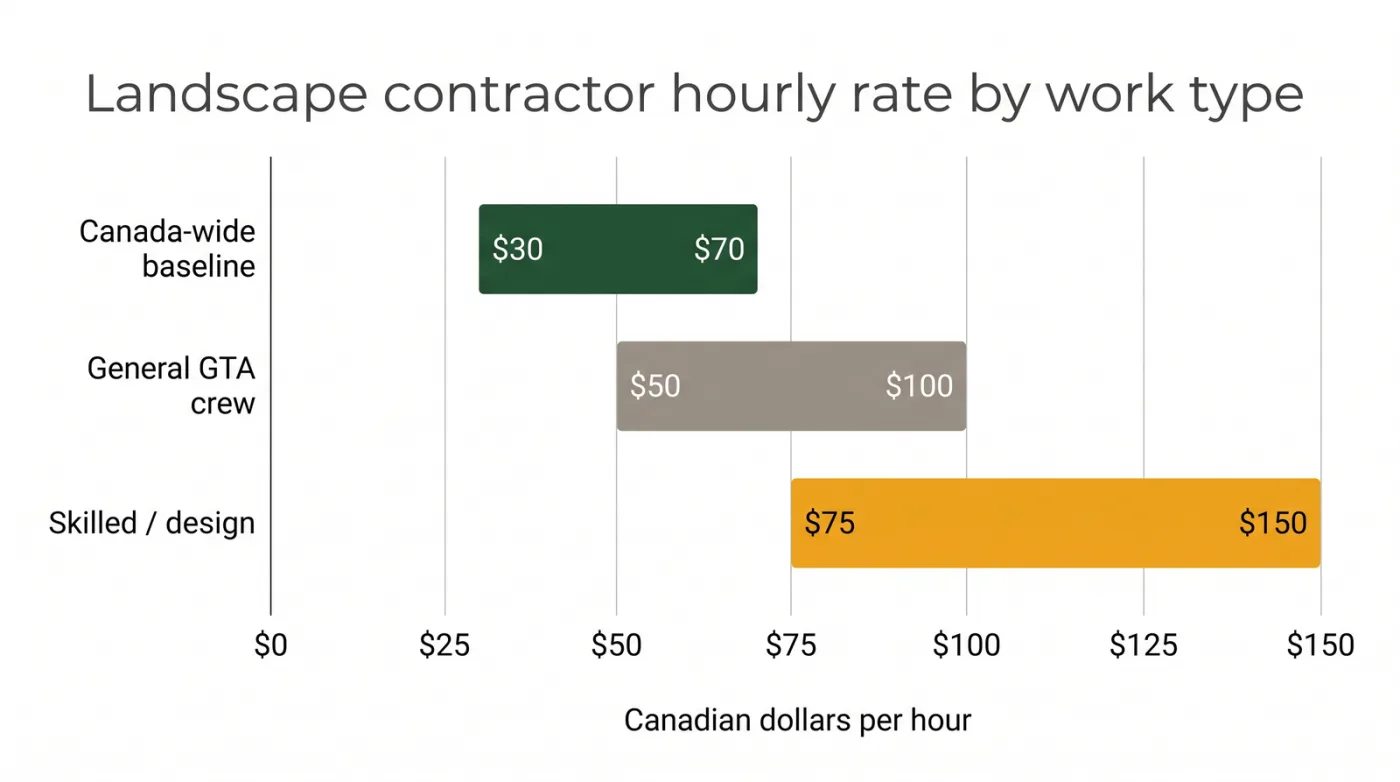 Bar chart of Ontario landscape contractor hourly rates by work type: Canada-wide baseline 30 to 70 dollars, general GTA crew 50 to 100 dollars, skilled and design work 75 to 150 dollars per hour