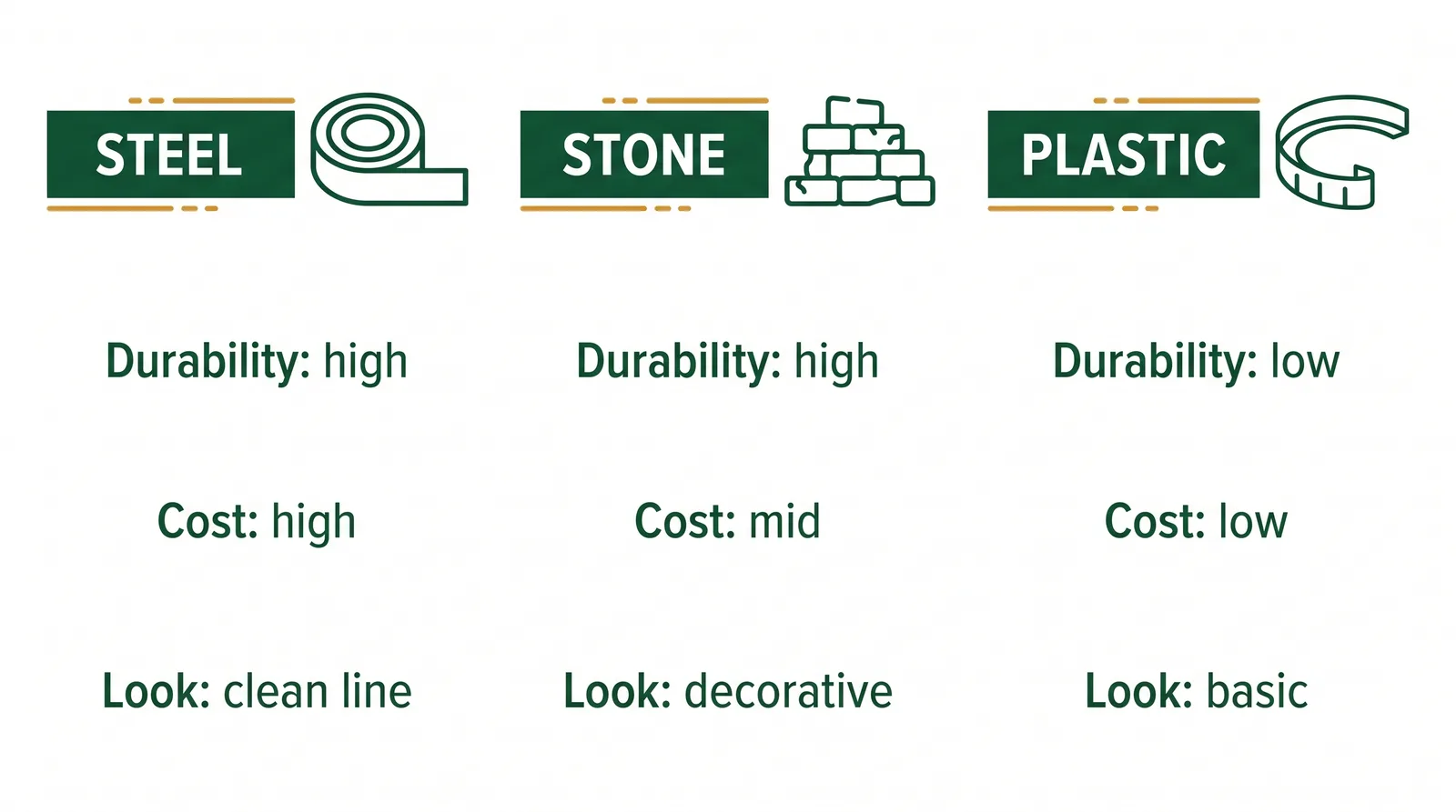 Side-by-side comparison of steel, stone, and plastic landscape edging showing their relative durability, cost, and appearance