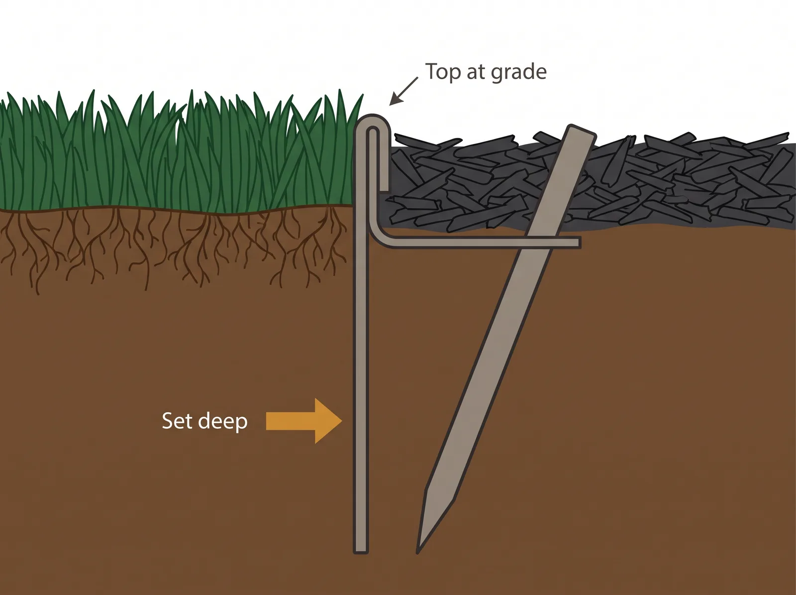 Cross-section diagram of properly installed landscape edging set deep into the soil with the top just above grade, resisting frost heave