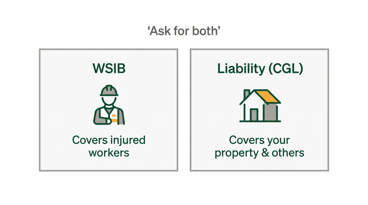 Diagram showing the two coverages a landscaper should carry: WSIB covering injured workers, and commercial general liability covering damage to your property and others