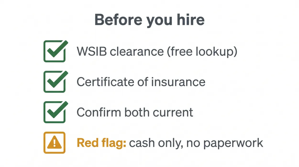 Checklist diagram for verifying a landscaper in Ontario: request a WSIB clearance, ask for a certificate of insurance, confirm it is current, and watch for red flags