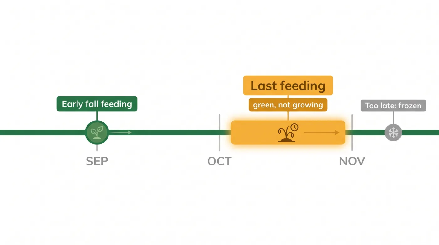 Timeline diagram of Toronto fall lawn feeding showing an early fall feeding in September and the late fall winterizer feeding window from late October to mid November when grass is green but not growing