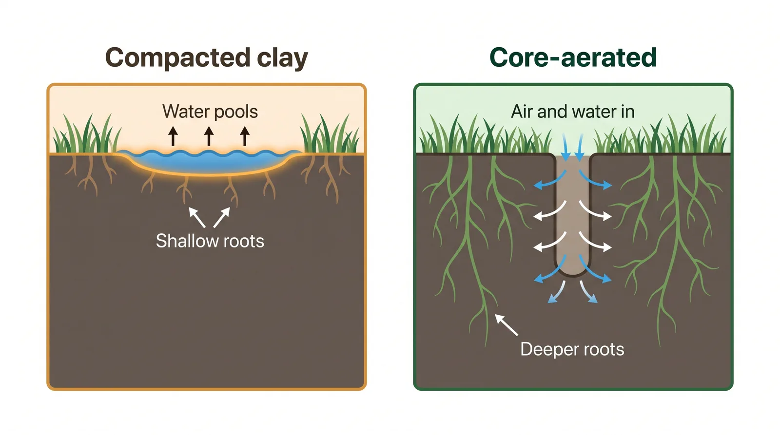 Cross-section diagram comparing compacted clay soil with poor root growth to core-aerated soil where a plug hole lets air, water, and nutrients reach the roots