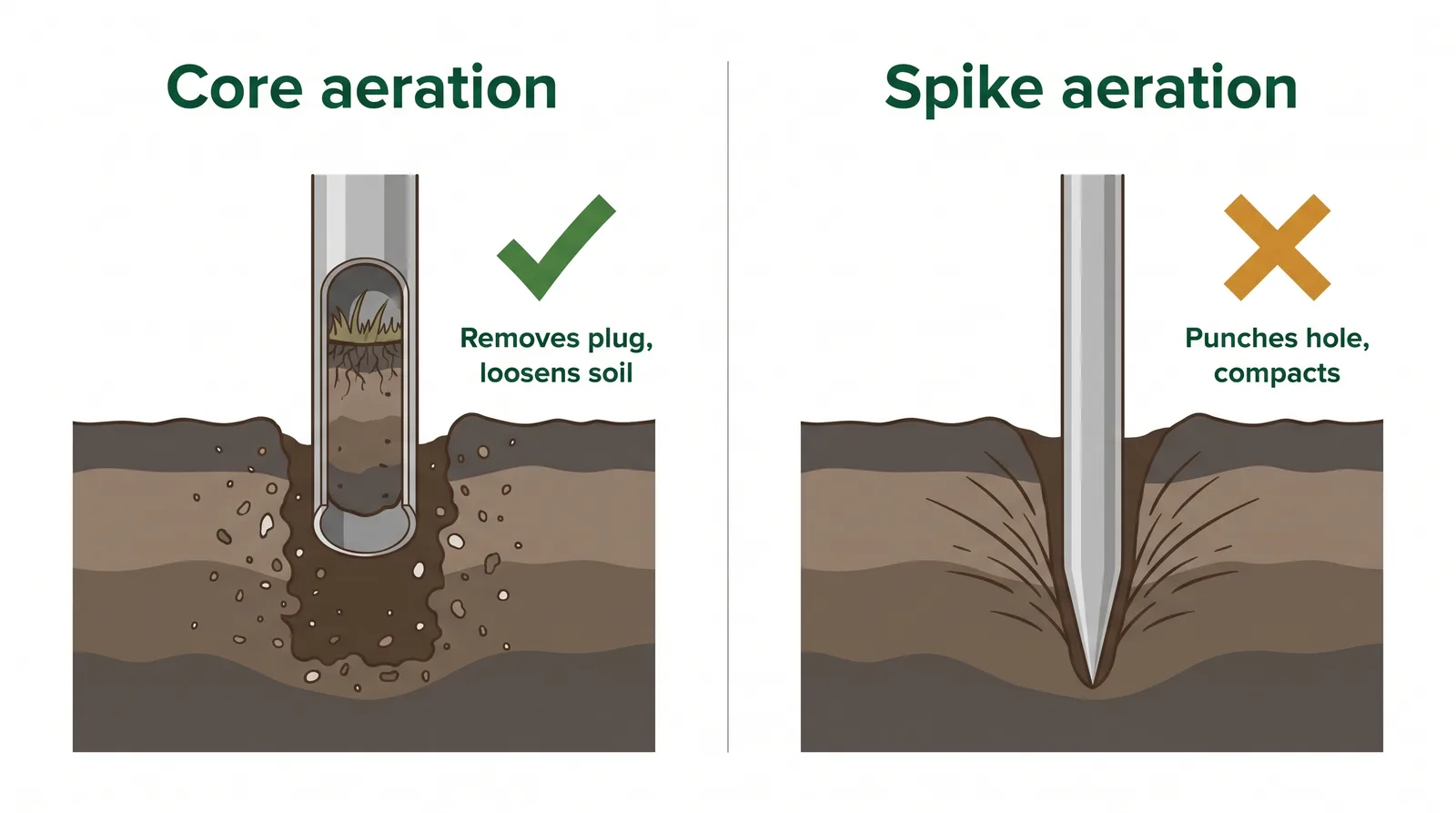 Comparison diagram of core aeration pulling a soil plug and relieving compaction versus spike aeration punching a hole and compacting the soil