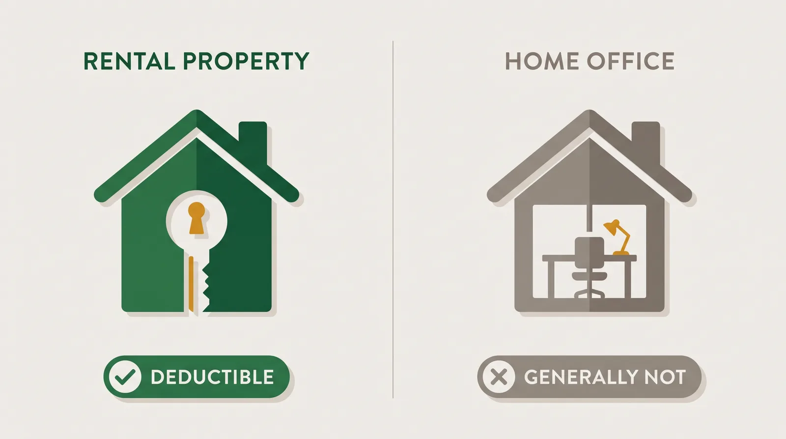Comparison diagram contrasting a rental property lawn labeled deductible with a personal home office lawn labeled generally not deductible under CRA rules