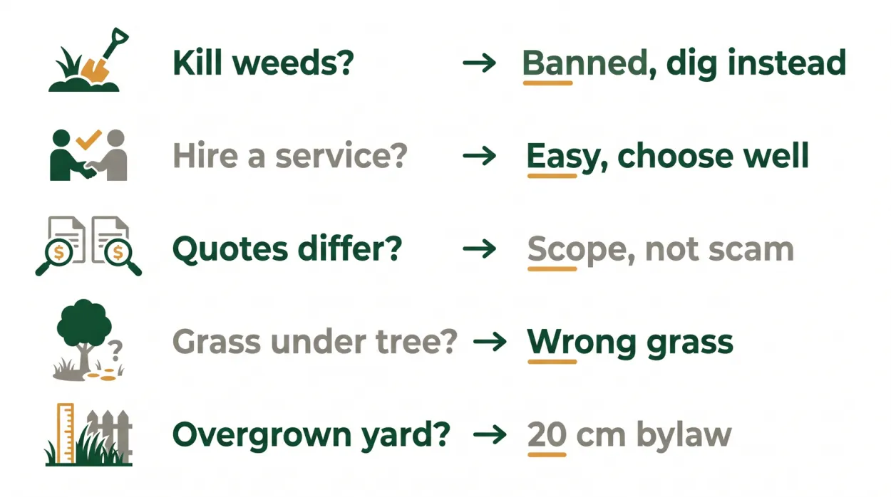 Diagram listing the five questions Toronto lawn care threads keep asking with a one-line answer for each