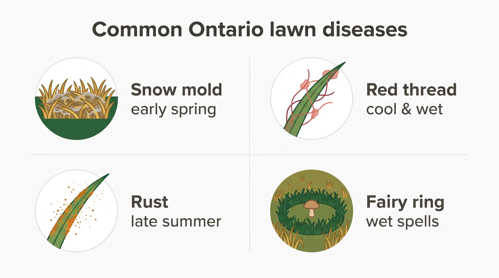 Identification chart of four common Ontario lawn diseases: snow mold, red thread, rust, and fairy ring, with their look and season