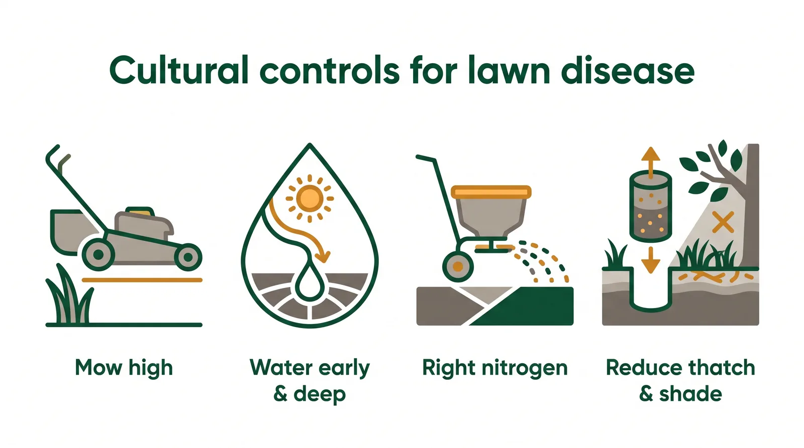 Diagram of four cultural controls for lawn disease: mow high, water deep in the morning, feed the right nitrogen, and reduce thatch and shade