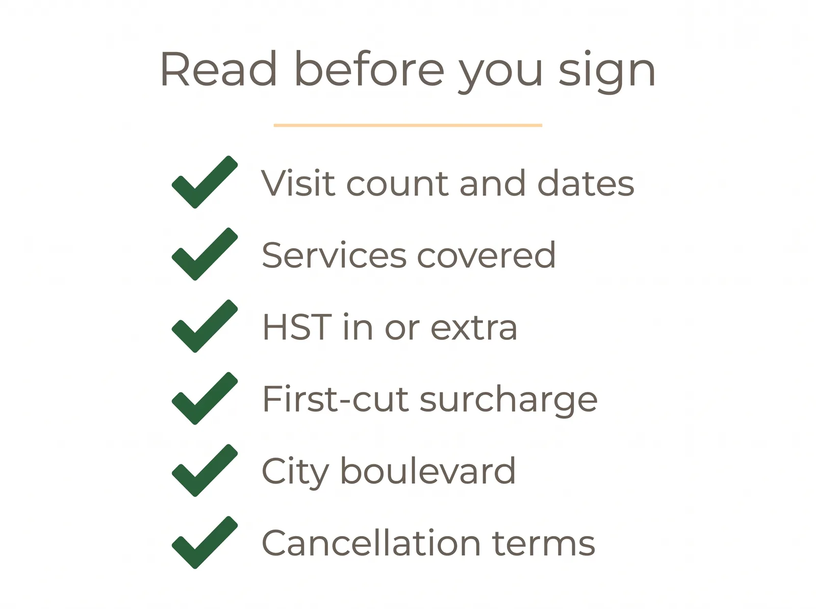 Checklist diagram of a Toronto lawn maintenance contract listing visit count, services covered, HST treatment, first-cut surcharge, boulevard strip, and cancellation terms