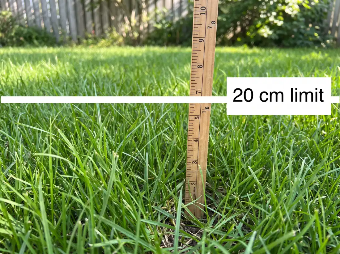 Annotated photo of a residential lawn with a ruler showing the 20 centimetre turfgrass height limit under Toronto Chapter 489