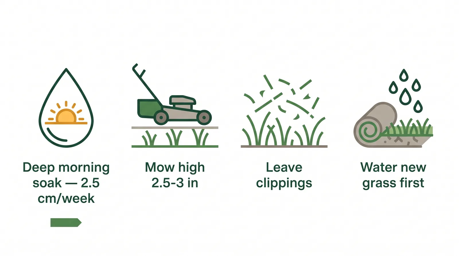 Diagram of watering well under a restriction: one deep morning soak of 2.5 cm a week, mow high, leave clippings, prioritize new sod and seed