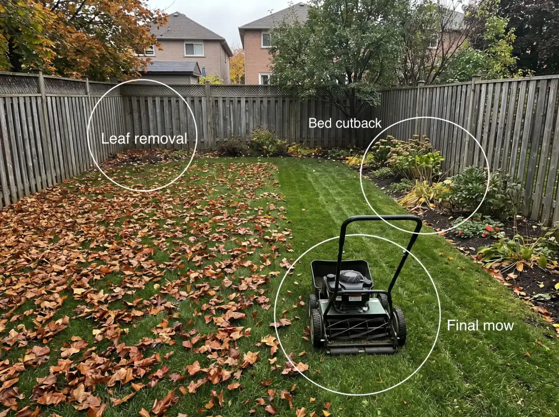 Annotated photo of a Toronto fall yard with callouts pointing to leaf removal, garden bed cutback, and final mow of the season