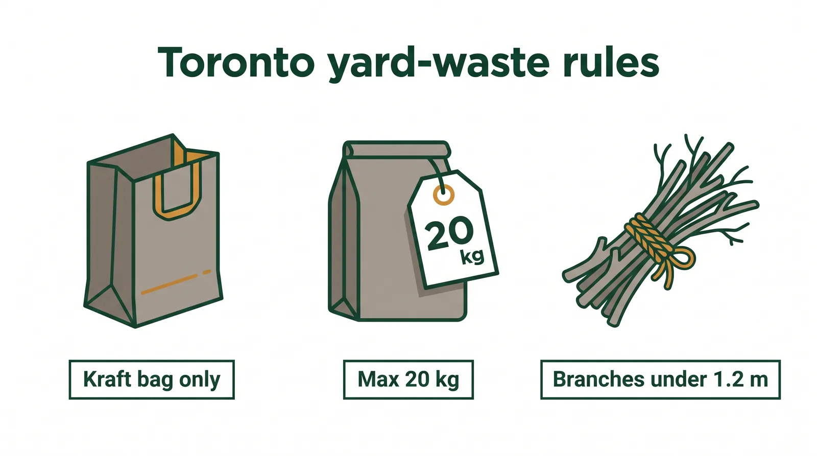 Diagram of Toronto yard waste rules for leaves showing kraft paper bag, 20 kg weight limit, and branches under 1.2 metres tied with twine