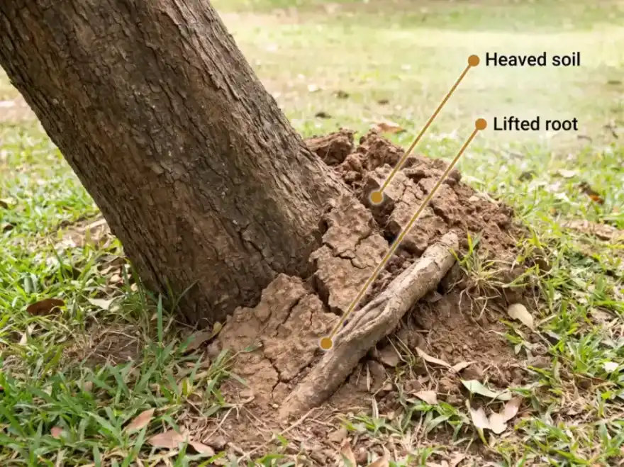 Annotated photo of the base of a leaning tree showing heaved cracked soil and lifted roots on the side opposite the lean, indicating root plate failure